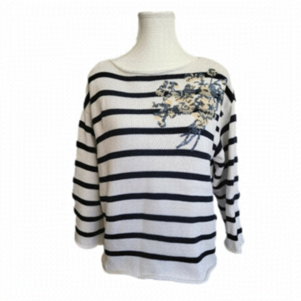 DEMYLEE | 100% cotton Striped Floral Embellished Thick Knit 3/4 Sleeve Sweater